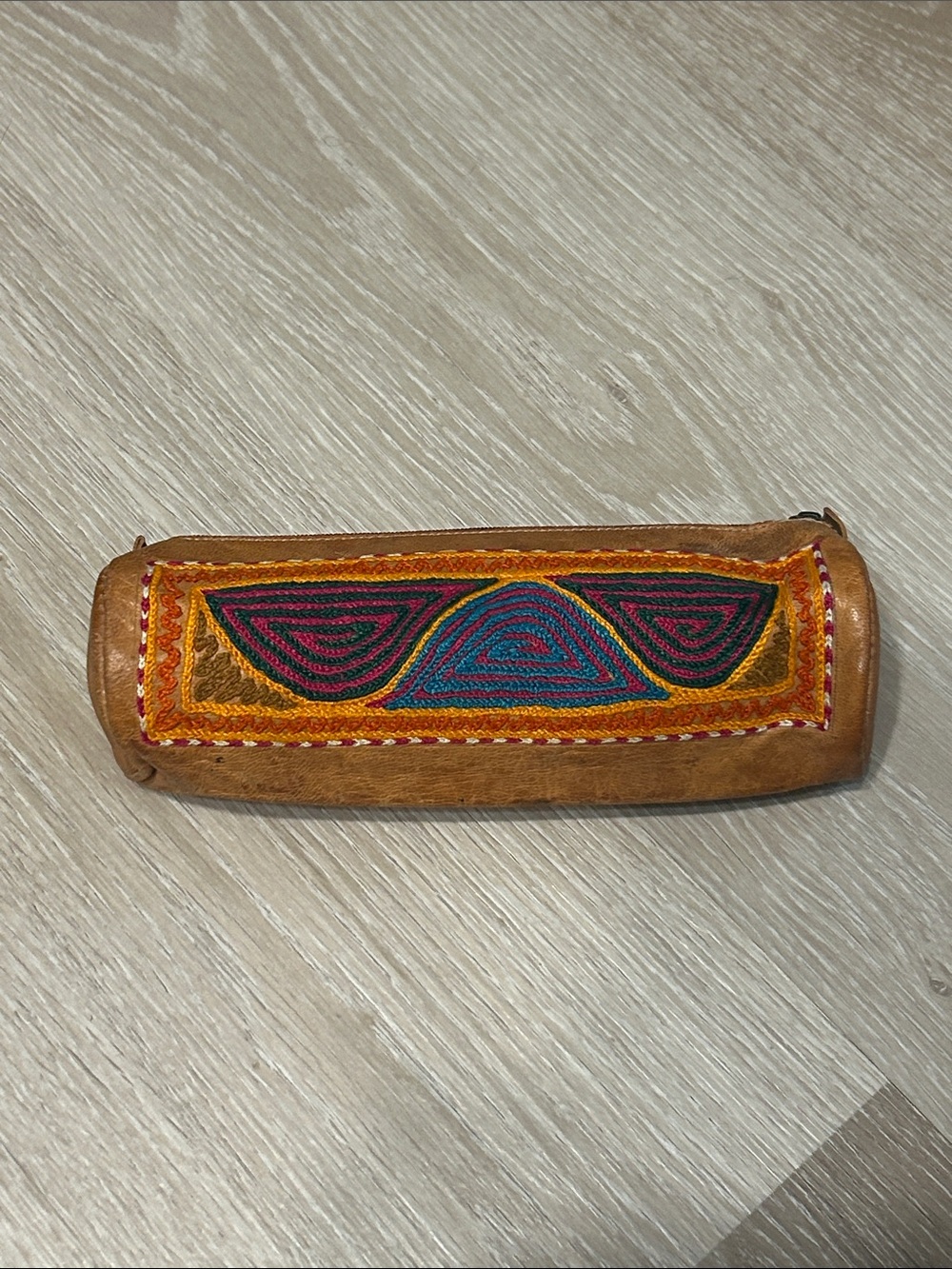 Hand Crafted Vintage Leather Embroidered Tube Pencil/Cosmetic Pouch Bag
